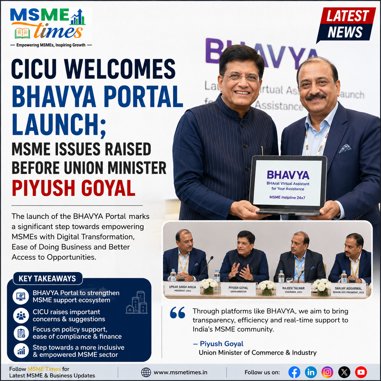 CICU Welcomes BHAVYA Portal Launch; MSME Issues Raised Before Union Minister Piyush Goyal