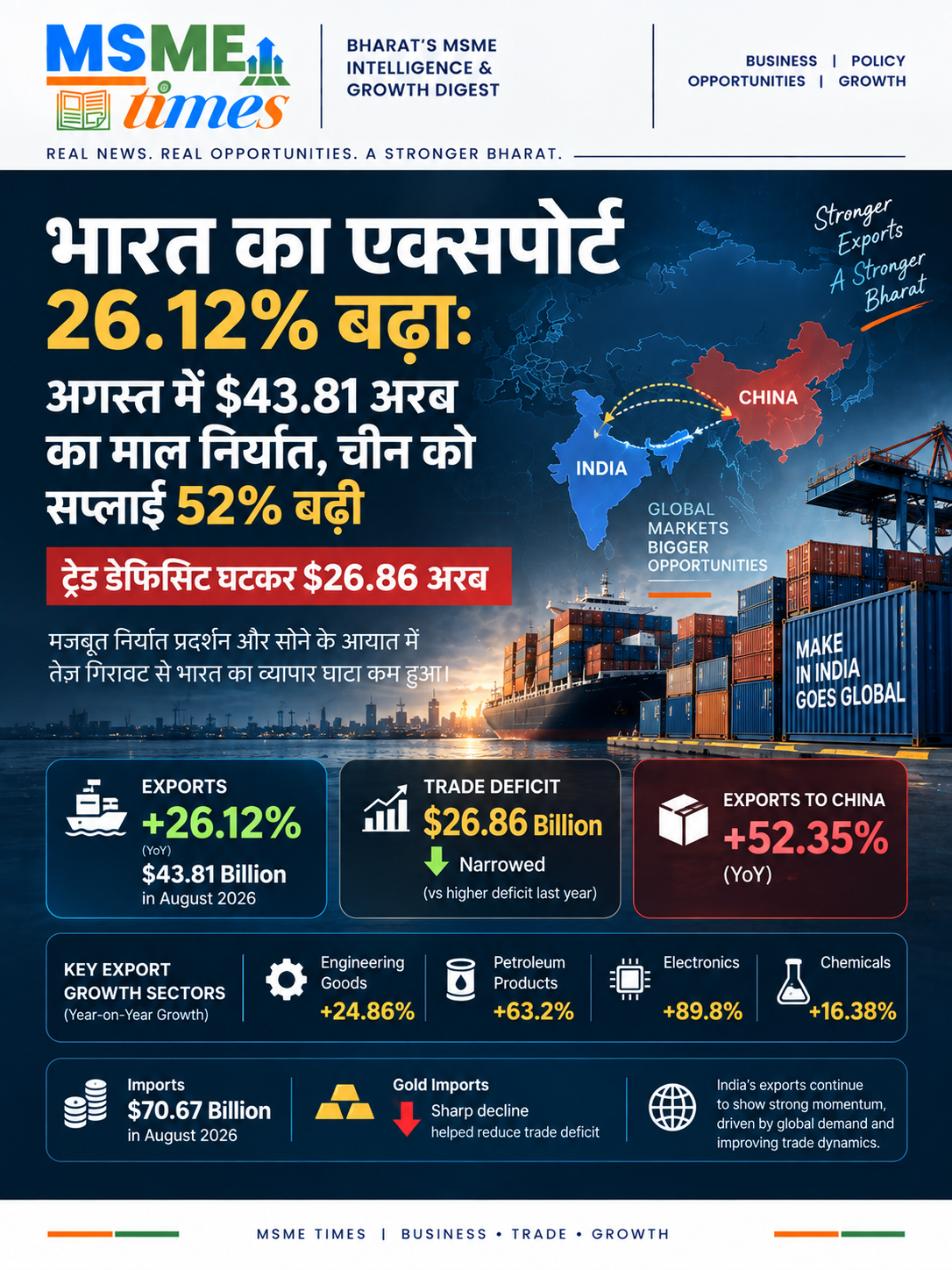 India Exports Rise 26.12% to $43.81 Billion in August: China Shipments Jump 52.35%